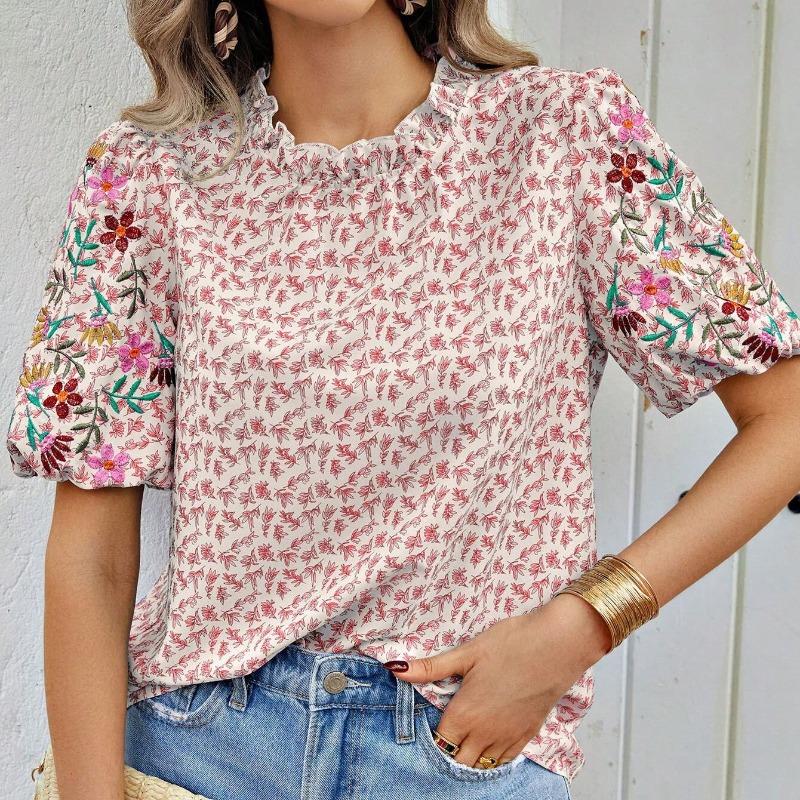 Summer New Embroidered Printed Loose Women's Shirts Short Sleeve Fashion Elegant Blouse Women Tops Stand Collar Slim Fit Shirt Female Clothing 26429