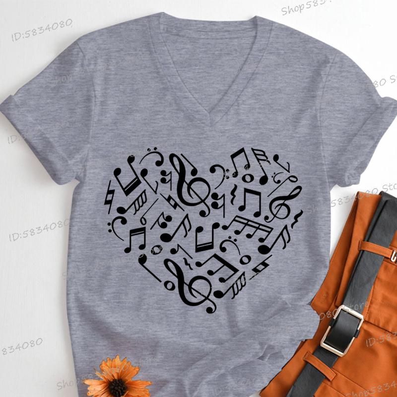 Womens T Shirt Music Notes Heart Print Short Sleeve Daily V Neck Tshirt Music Teacher Gift Tees Music Lover Fashion Streetwear
