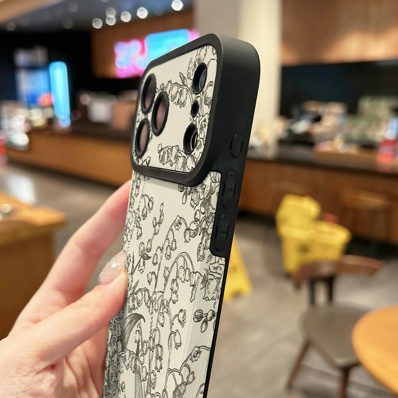 Floral Plants Printed Vertical Grain Leather Soft Silicone Phone Case Back Cover with Camera Lens Full Protection for iPhone 17