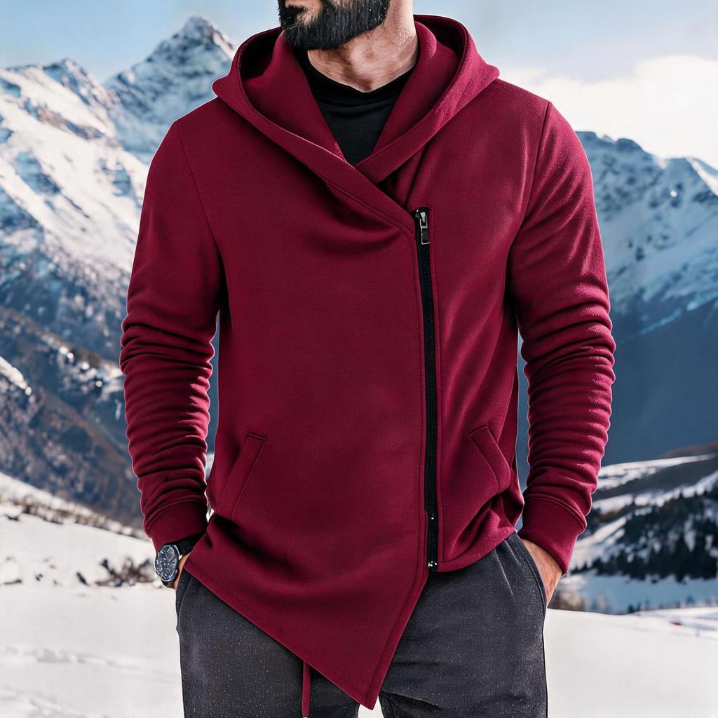 Men Fleece Hoodies Asymmetric Diagonal Zipper Sweatshirt Autumn Winter Casual Long Sleeve Hooded Jacket