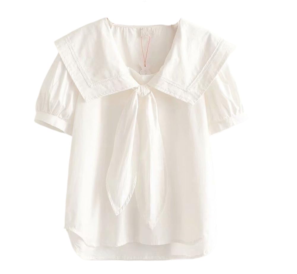 L-Stoppastow Sailor Collar Blouse, Summer, Women's Short Sleeve Shirt, Ribbon Shirt Blouse, Sailor-Style Top, Switching Design, Cute, Navy