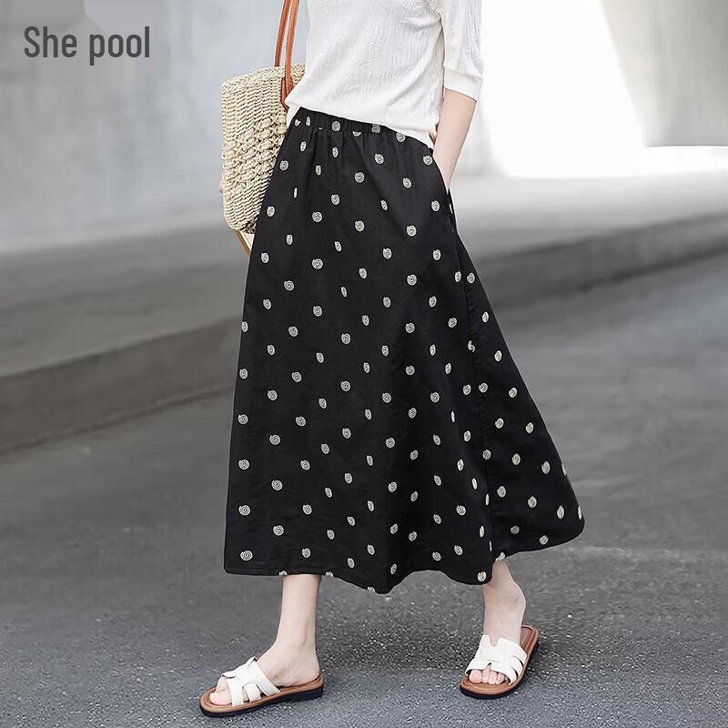 She Pool Women s Linen Blend Polka Dot A-Line Midi Skirt L