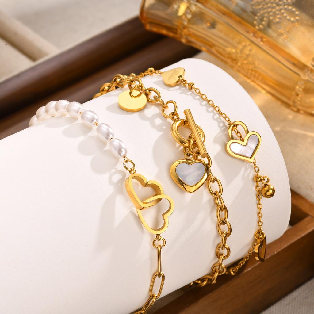 Round Cross Chain Shell Heart Shaped OT Buckle Bracelet for Women Rectangular Chain Double Ring Imitation Pearl Bracelet Jewelry