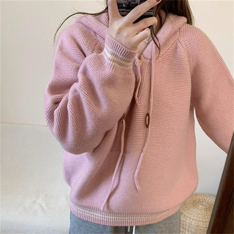 South Korea Dongdaemun lazy wind casual pullover hooded knitted sweater autumn and winter new loose age-reducing sweater women's top