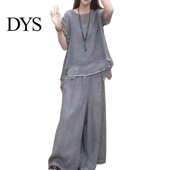 Blouse Pants Set 2 Pcs/Set Women Top Round Neck Half Sleeves Irregular Hem Dating Outfit Wide Leg Elastic Waist Trousers Daily Leisure Pantsuit