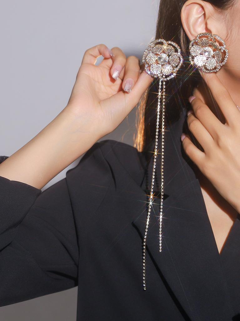 Oversized Fashion Claw Chain Luxury Shiny White Crystal Long Earrings Bridal Earrings Trendy Street Earrings
