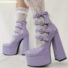Fashion Lolita Cute Purple/pink Leather Buckle Sandals Hot Girl Thick Heel Large Size High Heels 2025 New Hollow Chunky Heel Sandals