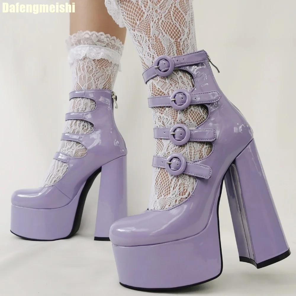 Fashion Lolita Cute Purple/pink Leather Buckle Sandals Hot Girl Thick Heel Large Size High Heels 2025 New Hollow Chunky Heel Sandals