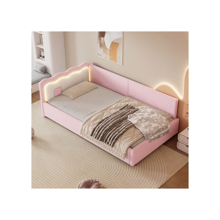 Lit de jour - MUVOE - 90x200 cm - Rose - Sommier à lattes - Éclairage LED