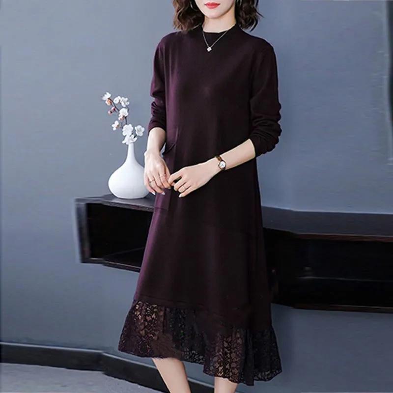 Dress Women's Autumn and Winter Lace Comfortable Stretchy Mid-Length Sweater Dress Knitted Long Sleeve Dresses