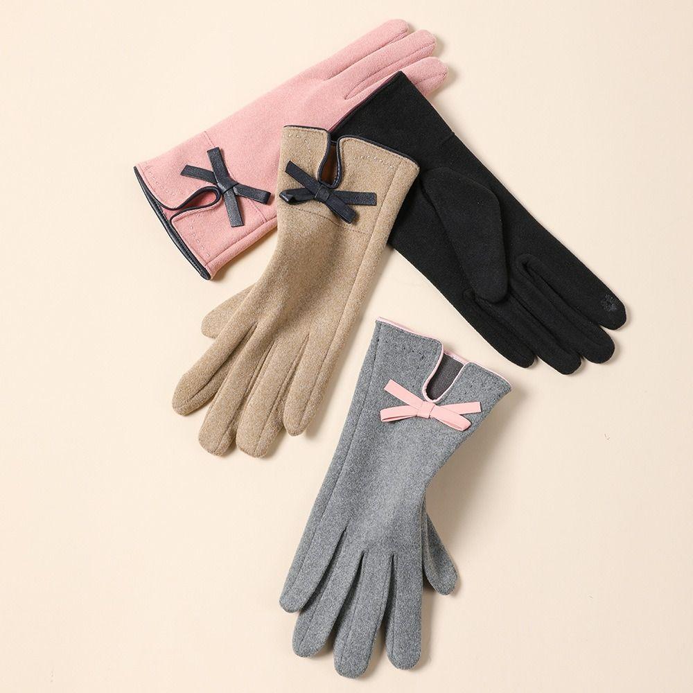 Five Fingers Winter Women Gloves Bowknot Elasticity Soft Gloves Outdoor Riding Mittens  Running