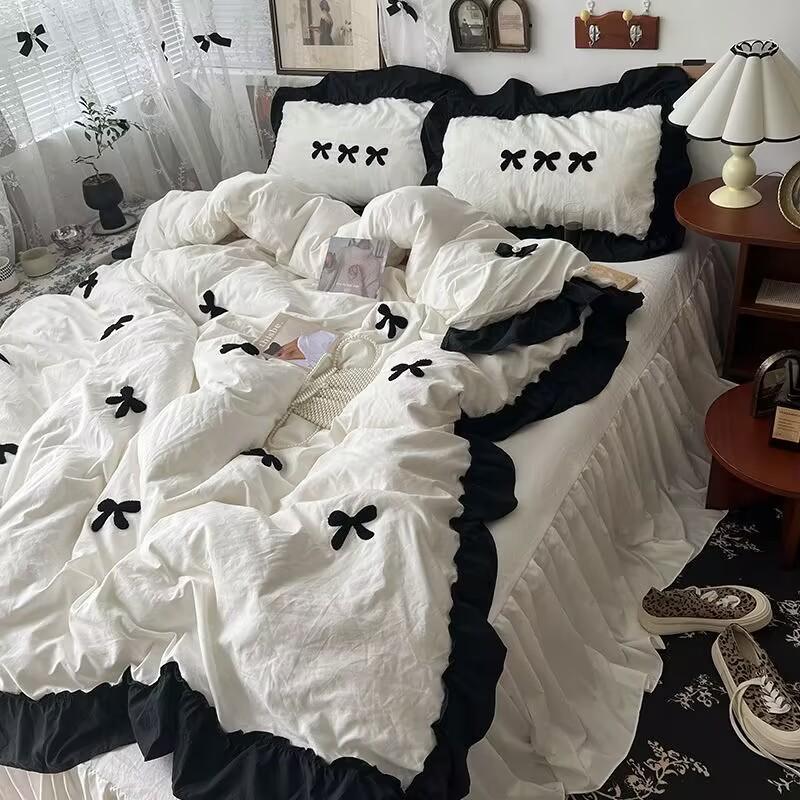 Ins Girl Bow Lace Washed Cotton Four-Piece Set Available For Four Seasons Bed Skirt Bedding 4 Dormitory Three-Piece Set