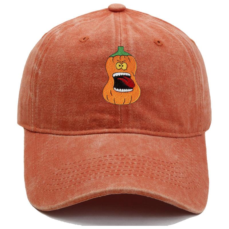 Cross-border Bestseller: Washed Soft-Top Casual Baseball Cap for Men and Women with Halloween Embroidered Pumpkin Smiley Face