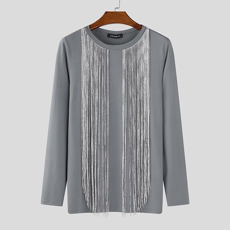INCERUN Men Long Sleeve Glitter Tassel Patchwork Casual Fitted T-shirts Tops
