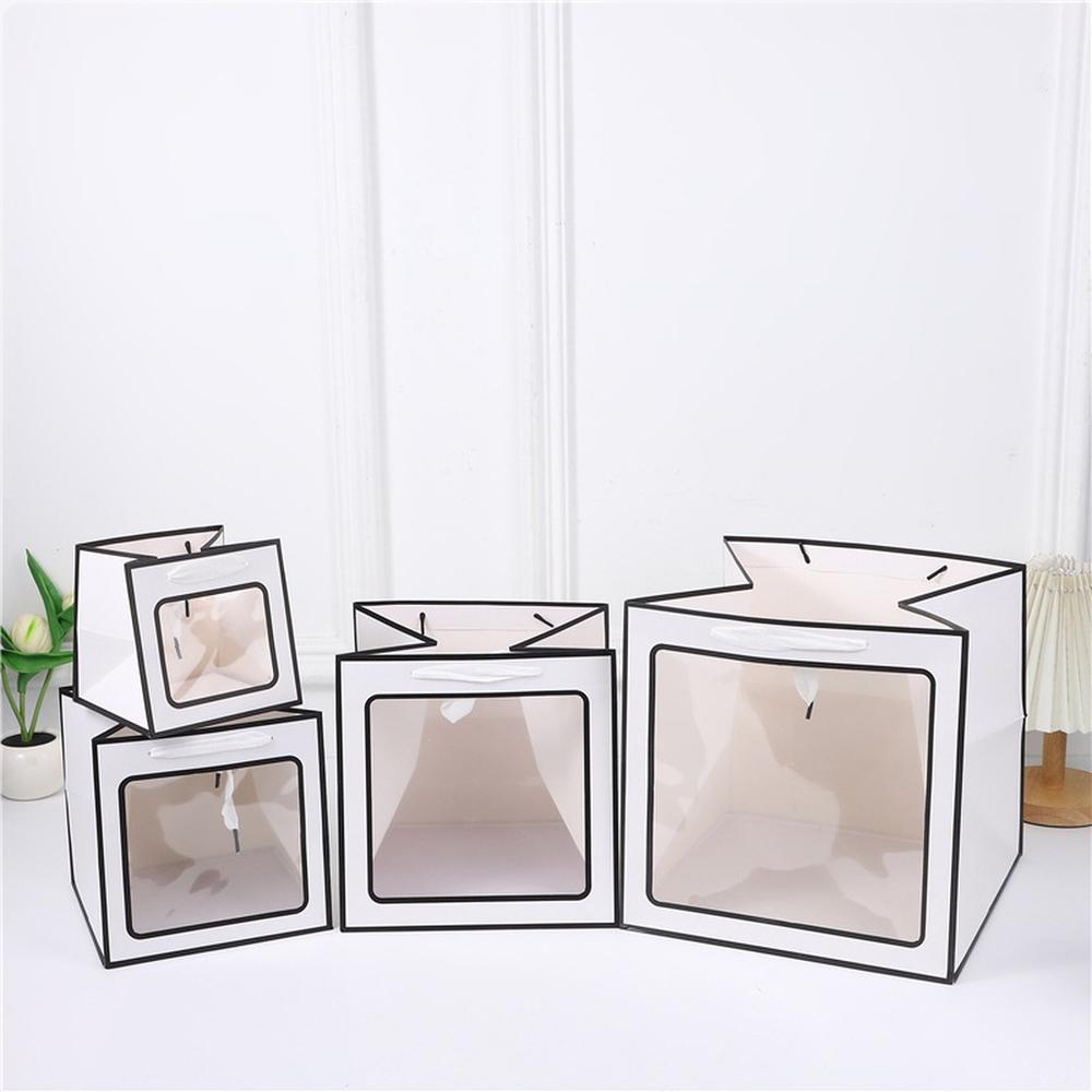 Square Clear Window Gift Bag with Handle Sturdy Paper Carry Bag for Flower Plush Toy Cake and Party Gift Packaging Bag
