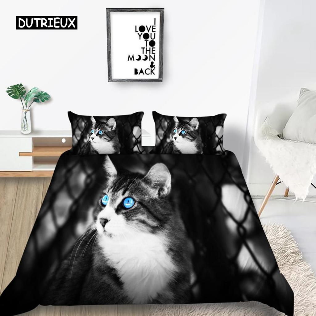 Cat Duvet Cover Set King Size Microfiber Cute Animal Print Girl Teen Kid Comforter Cover Lovely Kitty Series Pattern Bedding Set