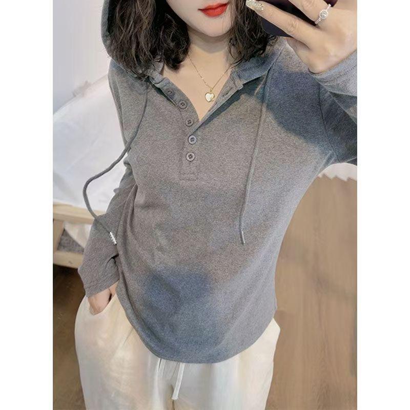 40s Pure Cotton Hooded Long Sleeve T-Shirt: 92% Cotton, 8% Spandex, Half-Open Collar, Casual Loose Slimming Design.