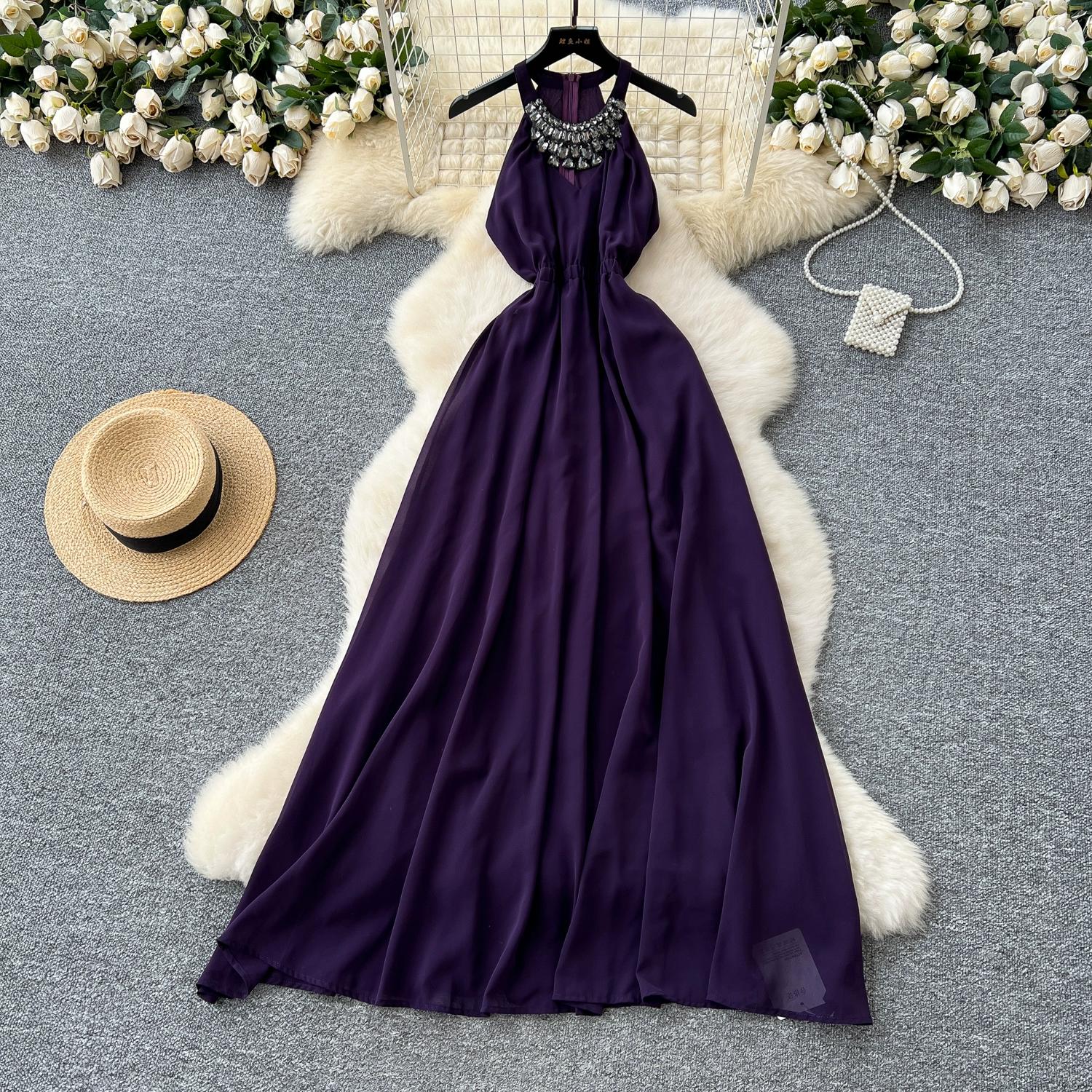 

Летние женские роскошные ромбы без рукавов сплошной шифон праздник пляж длинные макси большие свободные платья-майки S фиолетовый