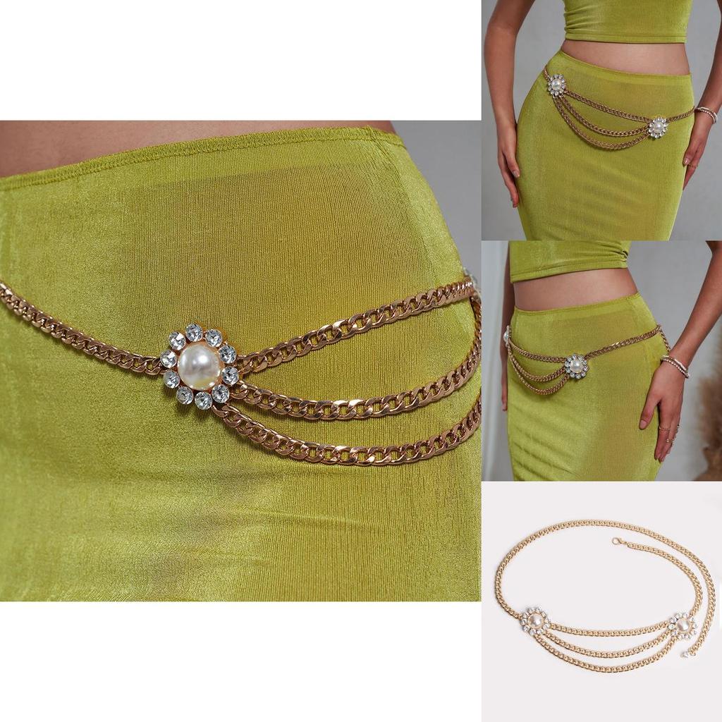 Artificial Pearl Flower Gold Metal Waist Chain For Women Elegant Summer Accessory
