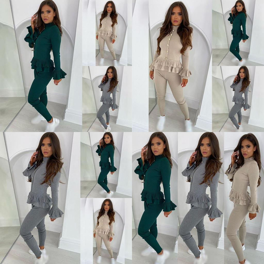 Stylish Women's Ladies Fine Ribbed Frill Peplum Button Loungewear Suit Tracksuit Set For Cozy Comfort
