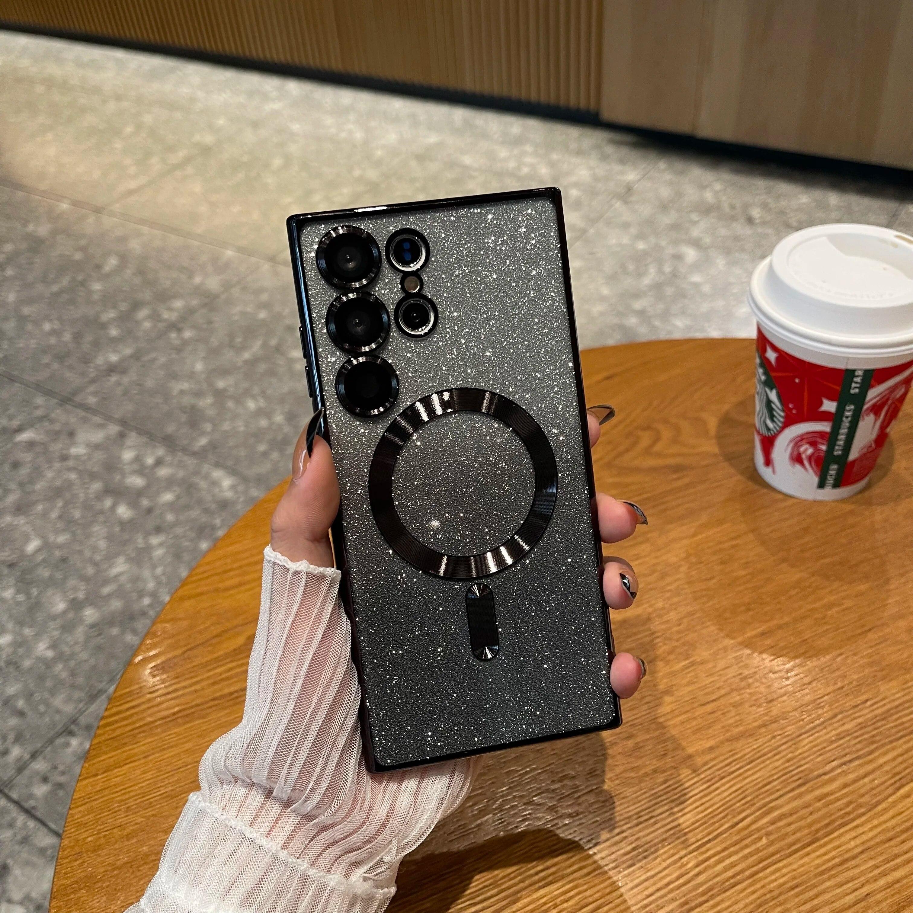 

Роскошный блестящий градиентный красочный магнитный чехол для телефона для Samsung S24 S23 S22 Ultra Plus FE, бампер Magsafe, беспроводной чехол For S24 чёрный