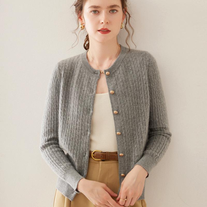 Women's Cashmere Long Sleeve Round Neck Cardigan Sweater - Autumn/Winter Cable Knit Wool Outerwear