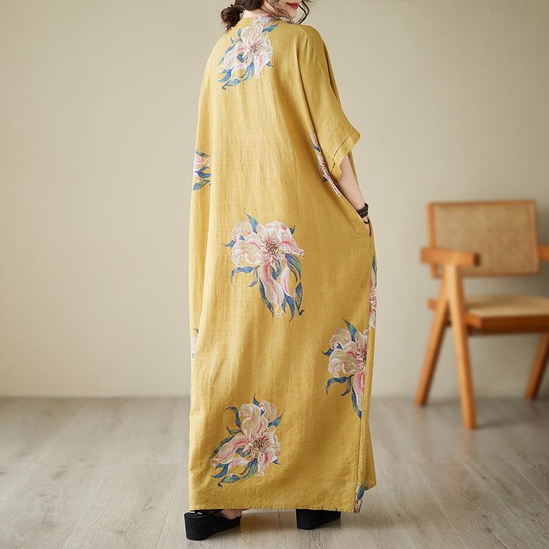 Real Shot Summer V-neck Thin Cotton and Linen Large Size Loose Literary Holiday Wind Beach Skirt Retro Long Robe