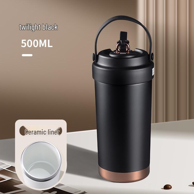 Premium Ceramic Coffee Cup with Straw - Insulated Double Wall Design for Men & Women, Cold/Heat Retention, Engraved Handle.