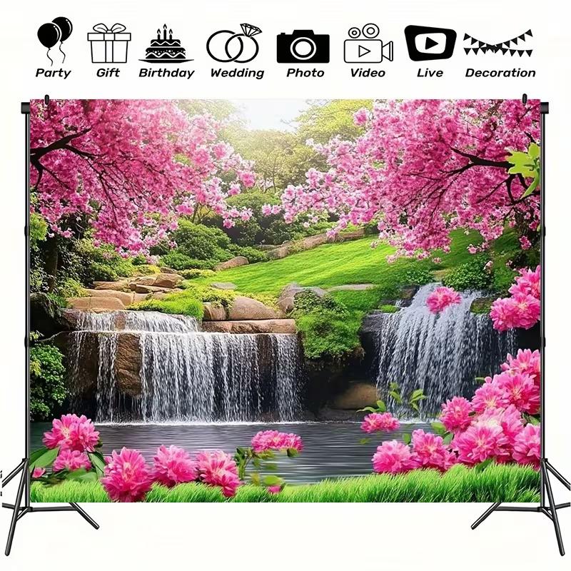 2D Spring Flower Waterfall Backdrop Lush Greenery Photography Background Cloth
