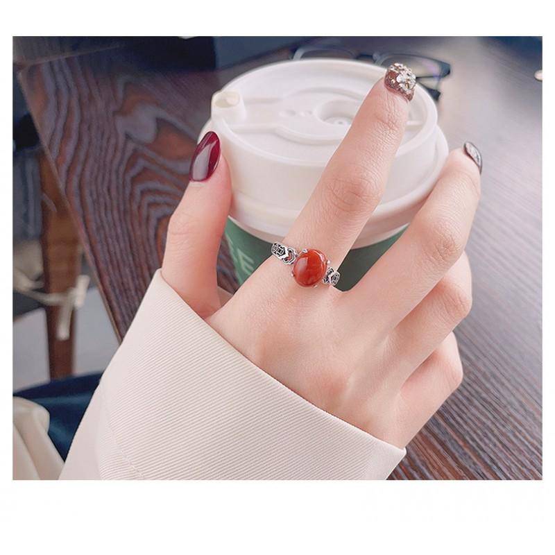 Adjustable Copper Ring With Red Agate Cabochon Motif Vintage Boho Jewelry Women Men