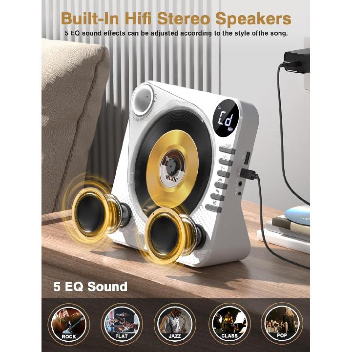Desktop CD Player Bluetooth with HiFi Dual Speaker, CD Player with Remote Control,Dust Cover,LCD Display,Sleep Timer,USB/AUX/3.5mm Earphone Jack