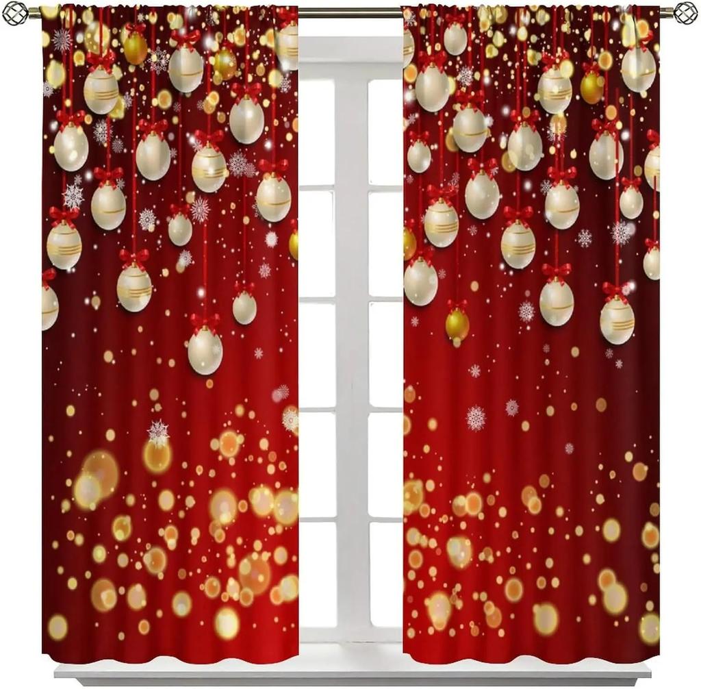 Jit Glittering Ornaments Curtains Xmas Window Decor Holiday Home Curtain Light Blocking Set Of 2 Made Polyester With Rod Pocket