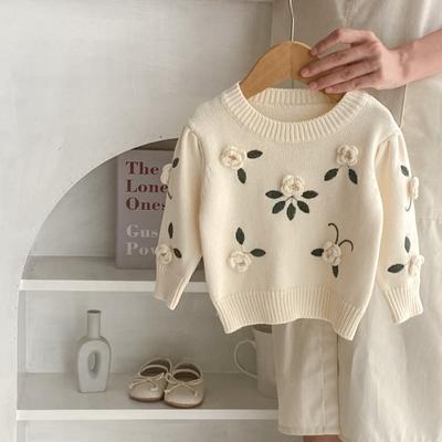 Autumn New Girls Baby Hand-embroidered Flower Pullover Sweater Coat Spring Autumn Flowers Sweaters