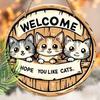 Dekorativt hengeskilt i tre, velkommenskilt, Mønsteret er tre søte katter, innendørs- eller hagedekorasjoner, 2D flat anheng, innflyttingsgaver til venner