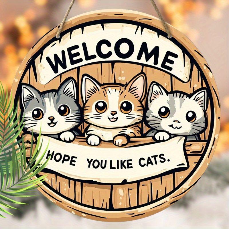 Dekorativt hengeskilt i tre, velkommenskilt, Mønsteret er tre søte katter, innendørs- eller hagedekorasjoner, 2D flat anheng, innflyttingsgaver til venner