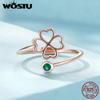 WOSTU 925 Sterling Silver Exquisite Zircon Hollow Four-leaf Clover Open Ring for Women Fine Jewelry Gift