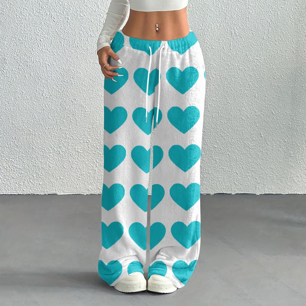 Women's Casual Fashion Printed Elastic Waist Loose Straight Leg Pants With Rope