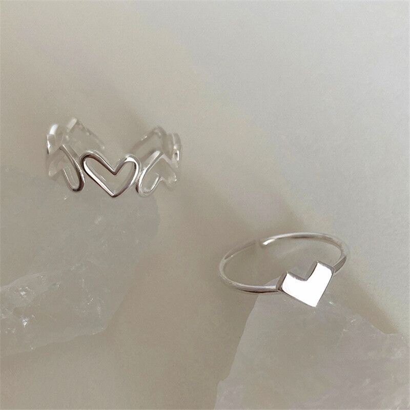Hollowed Stylish Jewelry Heart Shape Open Rings Women Retro Silver Tone Adjustable Punk Rings Set Adorable Stylish Girl Birthday Event Party Event