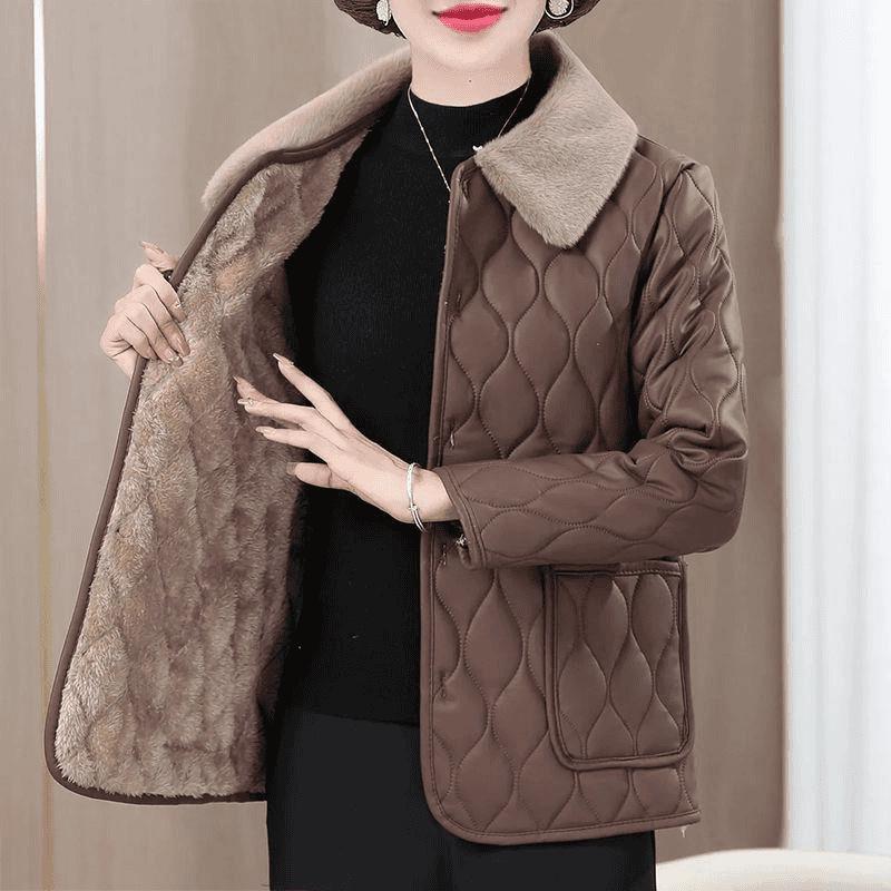 Mid-Aged & Elderly Women's Thick Velvet PU Leather Winter Coat - Warm, Stylish Cotton-Padded Jacket