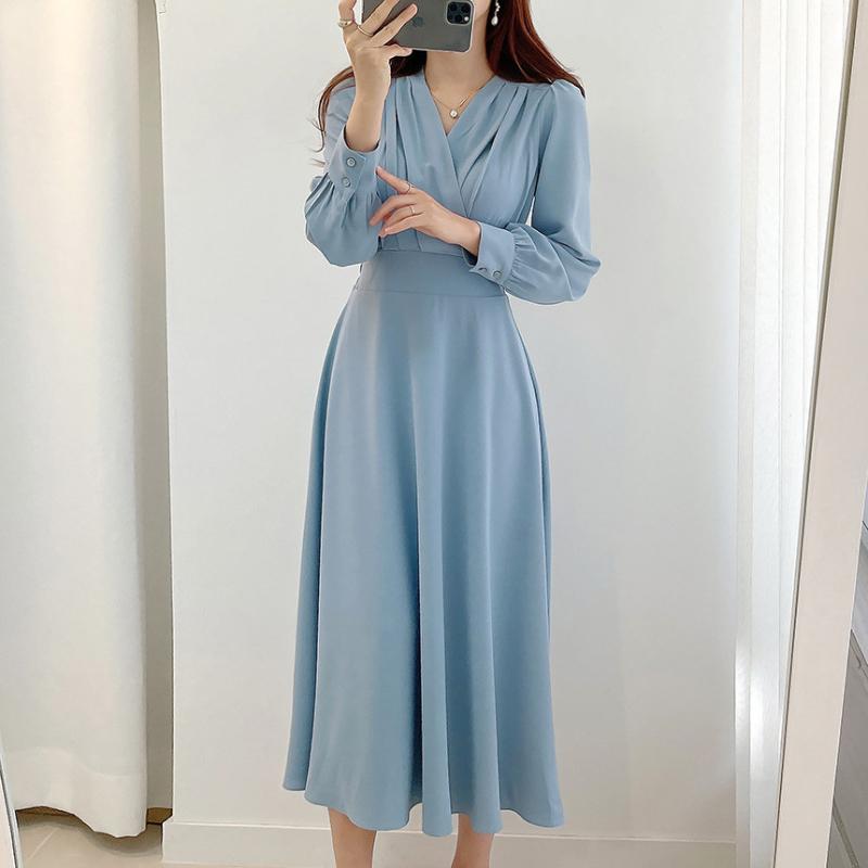 Harajuku V-neck Puff Sleeve A-line Maxi Dresses for Woman Women Solid Color Midi Robe Korean Office Dresses Elegant Spring 2026