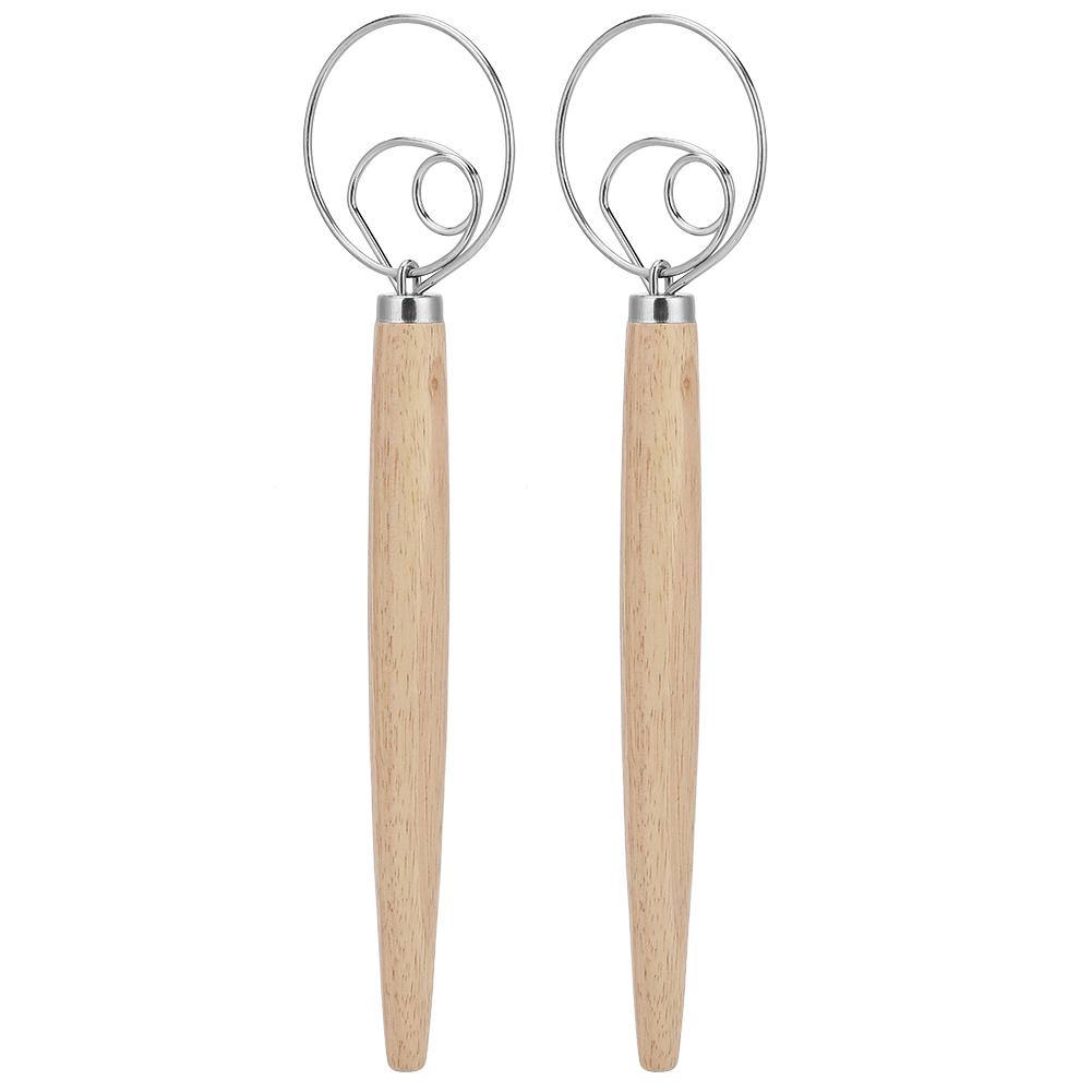 2Pcs Stainless Steel Dough Mixer Blender Manual Eggbeater with Oak Handle Kitchen Accessory