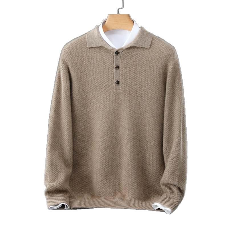Men's Pure Wool Polo Collar Cardigan: Loose, Button-Up, Business Casual Cashmere Knit Sweater