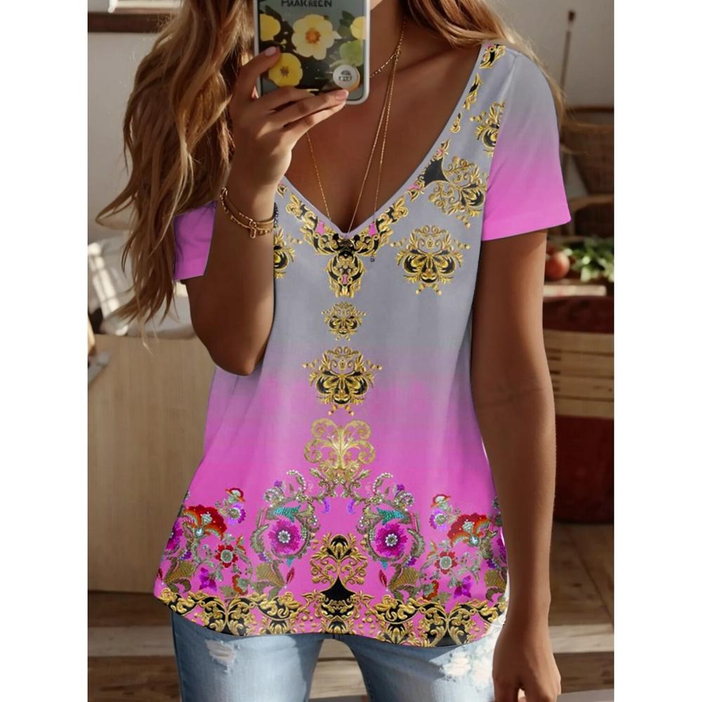 2026 Ethnic Women's T-Shirt Vintage Graphics Fashion Short Sleeved V-Neck Regular Tops Daily Print Tee Summer Casual Tops