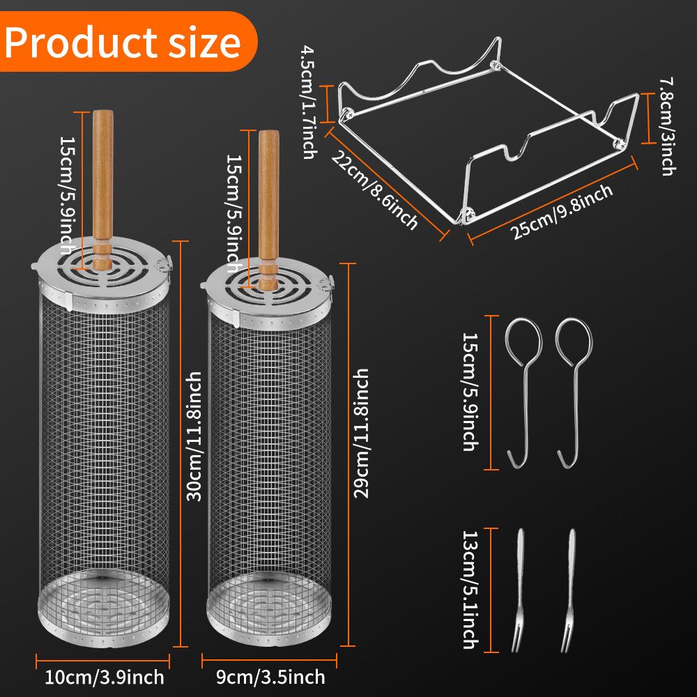 Rolling BBQ Grill Basket Set 304 Stainless Steel Cylinder Grill Mesh Cage with Wooden Handle Stand Hooks Forks