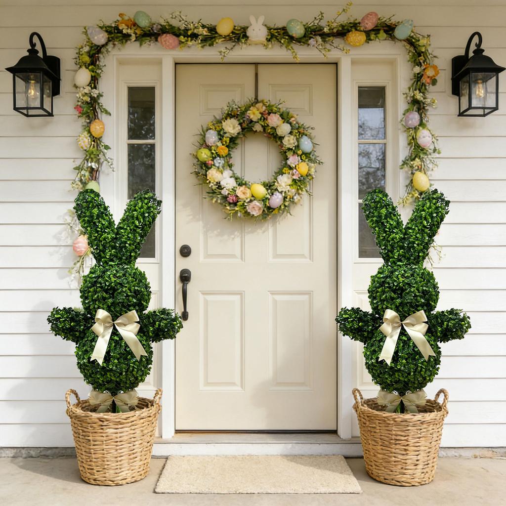 Artificial Bunny Shaped Topiary Tree Decorative Garden Stake Realistic Faux Plant Sculpture for Indoor Outdoor Use Easter Spring Decoration