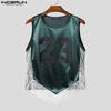 INCERUN Men O Neck Sleeveless Letter Print Lace Patchwork Cropped Irregular Tank Tops