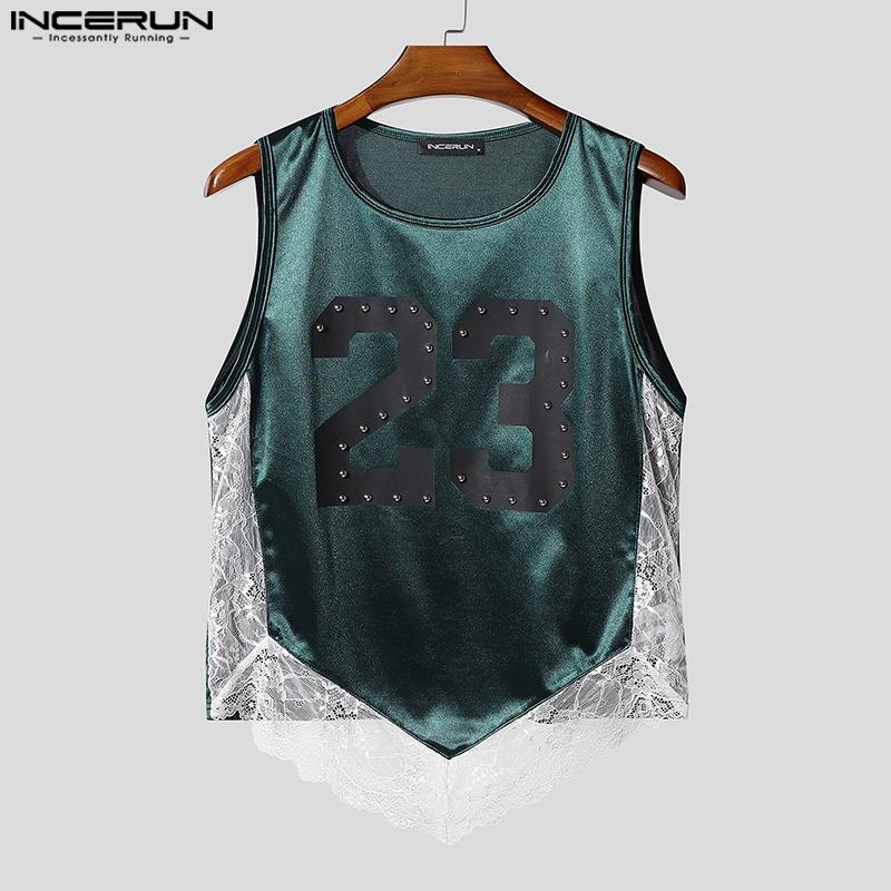 INCERUN Men O Neck Sleeveless Letter Print Lace Patchwork Cropped Irregular Tank Tops
