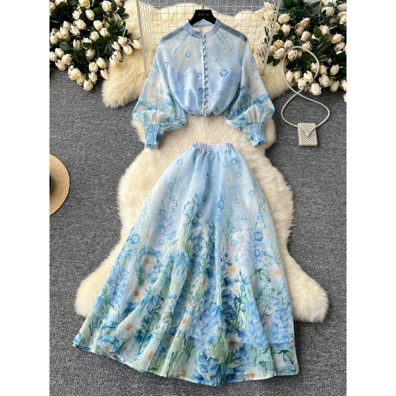 Fashion Style Women's Clothing Two-piece Set Socialite Elegant Lantern Sleeve Breasted Silm Tops High Waist Print Mesh Skirt