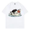 Funny Cat Riding Shark Graphic T Shirts High Street Fashion Trend Short Sleeve Tshirts Unisex Unisex Casual Loose Cotton Tshirt