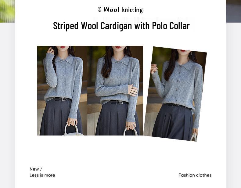 2024 Autumn/Winter Women's 100% Wool Striped Polo Collar Cardigan - Loose, Slimming, Versatile Fashion.